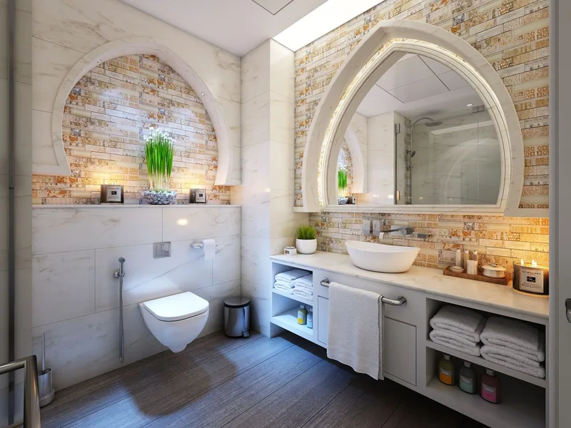 Bathroom with full-height wall tile and a modern vanity